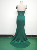 Women Strappy Heart-Shaped Lace Grid Embroidery Beaded Fishbone Formal Party Evening Dress