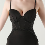 Women Strappy Heart-Shaped Lace Grid Embroidery Beaded Fishbone Formal Party Evening Dress