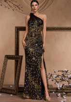 Women's Luxury Slit Long Elegant Slash Shoulder Chic Cocktail Bridesmaid Dress