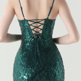 Women Beaded Tube Fishbone Lace-Up Sequin Formal Party Evening Dress