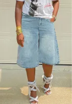 Women's Summer Loose High Waist Wide Leg Midi Denim Pants