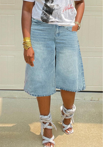 Women's Summer Loose High Waist Wide Leg Midi Denim Pants