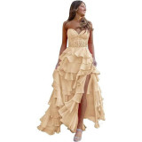 Women suspender Strapless Spring Summer sexy slit party ball Cascading Ruffles Evening Dress（Processing time need 3-6 days）