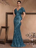 Women's Spring/Summer Luxury Elegant Short Sleeve Sequin Mermaid V-Neck Chic Formal Cocktail Evening Dress