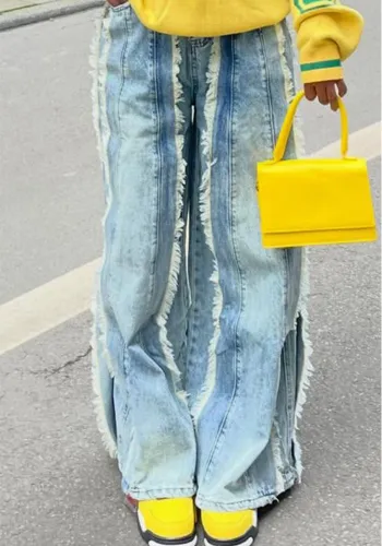 Women's Patchwork Fringe Raw Edge Denim Pants