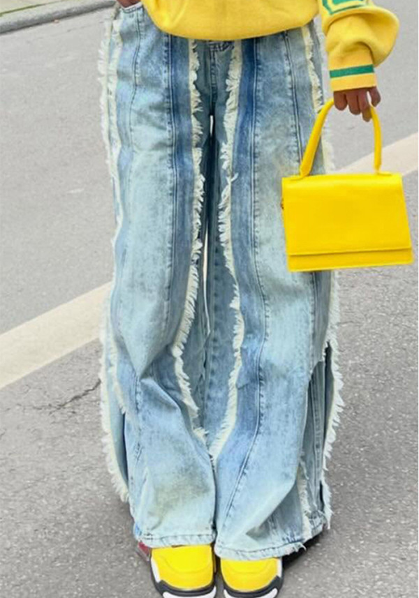 Women's Patchwork Fringe Raw Edge Denim Pants