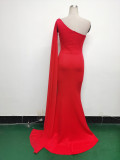 Women One Shoulder Slant Back Patchwork Mesh Formal Party Evening Dress