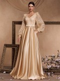 Women's Elegant Sequin Contrast Color Satin Long Sleeve V-Neck A-Line Evening Ball Gown