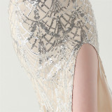 Women Beaded Tube Fishbone Lace-Up Sequin Formal Party Evening Dress