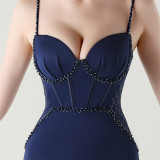 Women Strappy Heart-Shaped Lace Grid Embroidery Beaded Fishbone Formal Party Evening Dress
