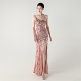 Women One Shoulder Beaded Geometric Sequin Formal Party Prom Wedding Evening Dress
