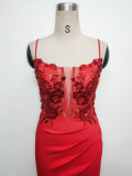 Women Fishbone Lace-Up Sequin Embroidery Formal Formal Party Evening Dress