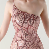 Women One Shoulder Beaded Geometric Sequin Formal Party Prom Wedding Evening Dress