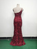 Women One Shoulder Beaded Geometric Sequin Formal Party Prom Wedding Evening Dress