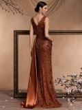 Women's Elegant Chic Sequin Patchwork V-Neck Sleeveless Cocktail Formal Evening Dress