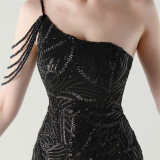 Women One Shoulder Beaded Sequin Embroidery Formal Party Prom Wedding Evening Dress