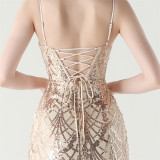 Women Beaded Tube Fishbone Lace-Up Sequin Formal Party Evening Dress