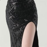 Women Beaded Tube Fishbone Lace-Up Sequin Formal Party Evening Dress
