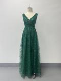 Women High Mesh Embroidered V-Neck Slit Evening Dress（Processing time need 3-6 days）