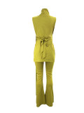 Women's Sexy Belt High Waist Bell Bottom Pants V-Neck Sleeveless Top Two Piece Set