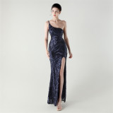 Women One Shoulder Beaded Geometric Sequin Formal Party Prom Wedding Evening Dress