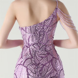 Women One Shoulder Beaded Sequin Embroidery Formal Party Prom Wedding Evening Dress