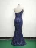 Women One Shoulder Beaded Geometric Sequin Formal Party Prom Wedding Evening Dress