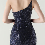 Women One Shoulder Beaded Geometric Sequin Formal Party Prom Wedding Evening Dress
