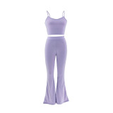 Women's Purple Bell Bottom High Waist Stretch Pants Sleeveless Vest Casual Two Piece Set