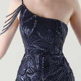 Women One Shoulder Beaded Sequin Embroidery Formal Party Prom Wedding Evening Dress