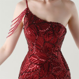 Women One Shoulder Beaded Sequin Embroidery Formal Party Prom Wedding Evening Dress