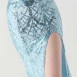 Women Beaded Tube Fishbone Lace-Up Sequin Formal Party Evening Dress