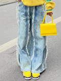 Women's Patchwork Fringe Raw Edge Denim Pants