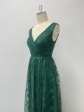 Women High Mesh Embroidered V-Neck Slit Evening Dress（Processing time need 3-6 days）