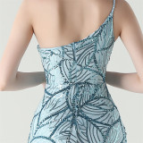 Women One Shoulder Beaded Geometric Sequin Formal Party Prom Wedding Evening Dress