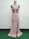 Women Fishbone Lace-Up Sequin Embroidery Formal Formal Party Evening Dress