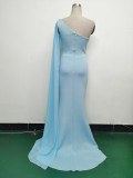 Women One Shoulder Slant Back Patchwork Mesh Formal Party Evening Dress
