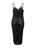 Plus Size Women's Spring/Summer Sexy Solid Color Lace Slim Waist Bodycon Strap Dress