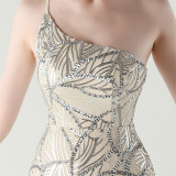 Women One Shoulder Beaded Geometric Sequin Formal Party Prom Wedding Evening Dress