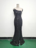 Women One Shoulder Beaded Sequin Embroidery Formal Party Prom Wedding Evening Dress