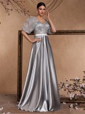 Women's Elegant Chic Sequin Patchwork U-Neck Short Sleeve Fishbone Cocktail Formal Evening Dress