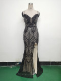 Women Beaded Tube Fishbone Lace-Up Sequin Formal Party Evening Dress