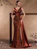 Women's Elegant Chic Sequin Patchwork V-Neck Sleeveless Cocktail Formal Evening Dress