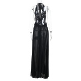Women's Holidays Mesh Hollowed A-Line Deep V Halter Neck Long Dress