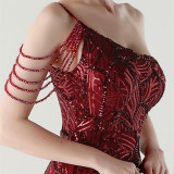 Women One Shoulder Beaded Sequin Embroidery Formal Party Prom Wedding Evening Dress