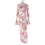 Women's Chic Print Stand Collar Long Sleeve Long Dress