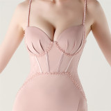 Women Strappy Heart-Shaped Lace Grid Embroidery Beaded Fishbone Formal Party Evening Dress