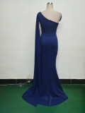 Women One Shoulder Slant Back Patchwork Mesh Formal Party Evening Dress