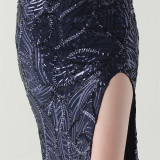 Women One Shoulder Beaded Geometric Sequin Formal Party Prom Wedding Evening Dress