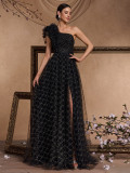 Women's Elegant Chic Long Elegant Slash Shoulder Embroidered Polka Dot Mesh Formal Cocktail Evening Dress